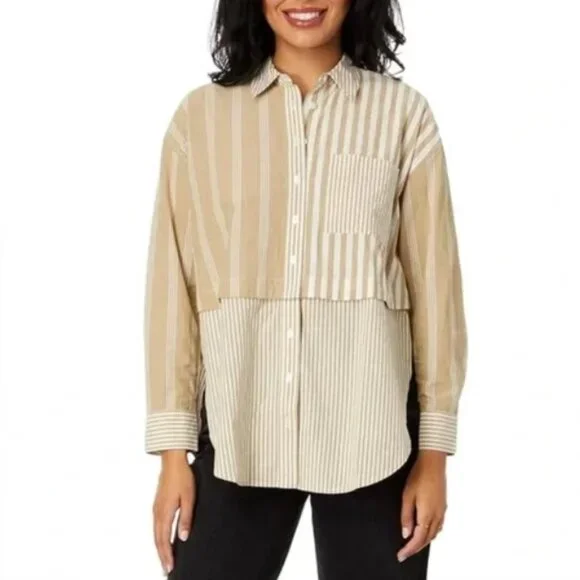 Madewell Tan White 2 in 1 Oversized Striped 100% Cotton Shirt Size S - Picture 2 of 15